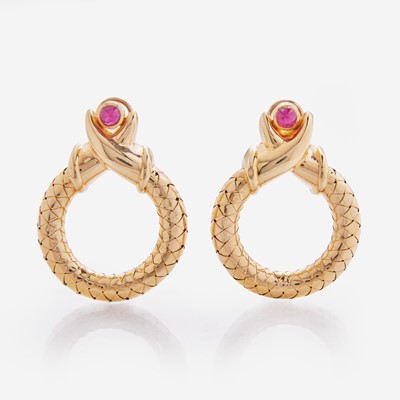 Lot 184 - A Pair of 14K Yellow Gold and Ruby Favero Earrings