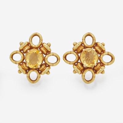 Lot 88 - A Pair of 18K Yellow Gold and Citrine Tiffany & Co. Ear Clips