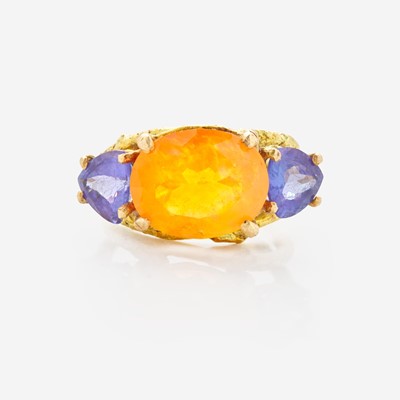 Lot 140 - A 14K Fire Opal and Tanzanite Ring by Sam Shaw