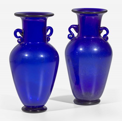 Lot 80 - An unusual pair of cobalt blue glass baluster vases 藍色琉璃雙耳花樽一對