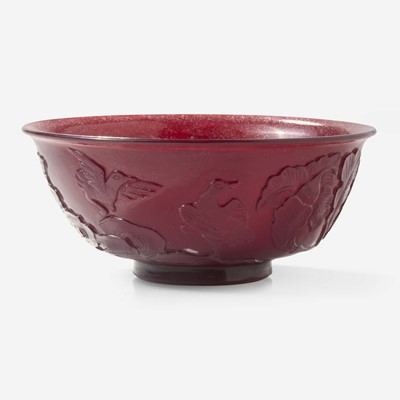 Lot 77 - A Chinese carved ruby glass bowl with wood stand 紅琉璃碗配木底座