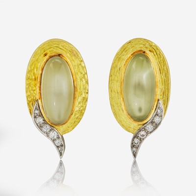 Lot 119 - A Pair of Andrew Grima Moonstone, Diamond, and Gold Ear Clips