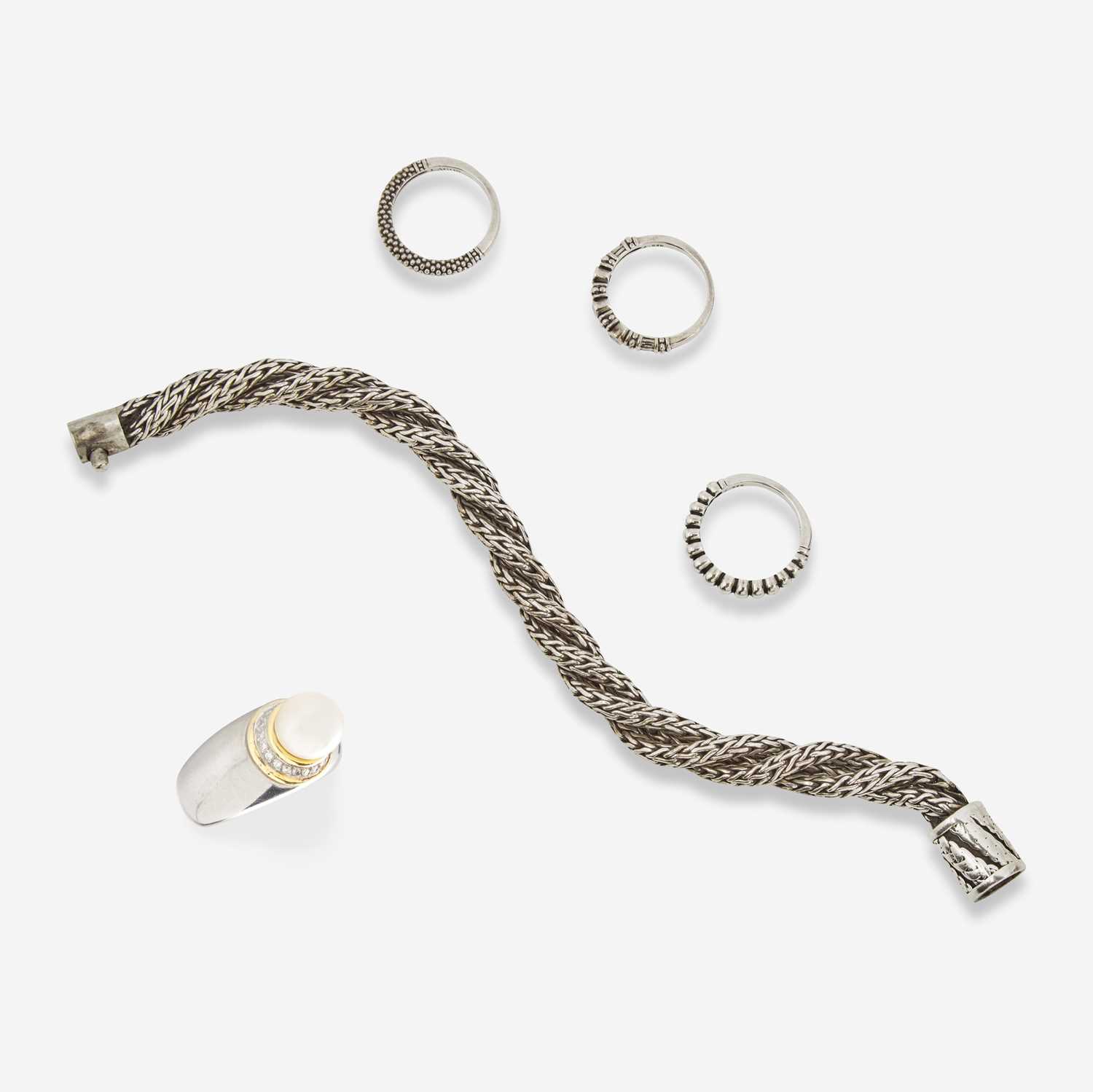 Lot 32 - A Paloma Picasso for Tiffany & Co. Pearl Ring, Sterling Silver Bracelet, and Three Lagos Rings