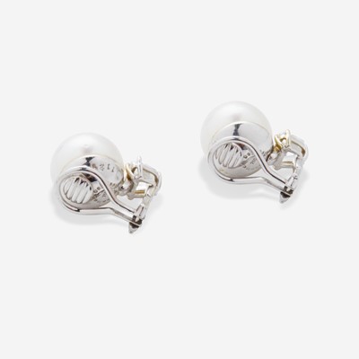 Lot 27 - A Pair of 18K  South Sea Pearl and Diamond Earrings by Seaman Schepps