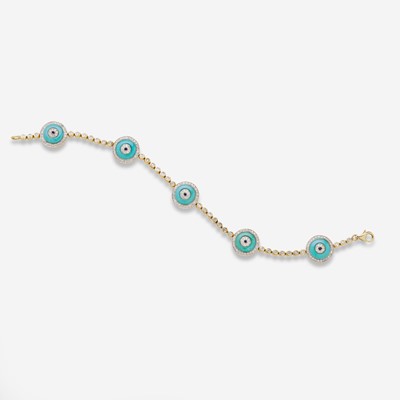 Lot 99 - A 14K Yellow Gold, Diamond, Turquoise, and Sapphire Bracelet