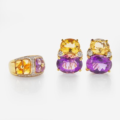 Lot 139 - 18K Yellow Gold Citrine and Amethyst Ear Clips and Matching Ring