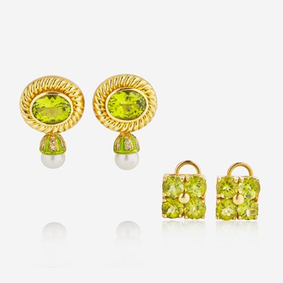 Lot 145 - Two Pairs of 18K Yellow Gold and Gemstone Earrings