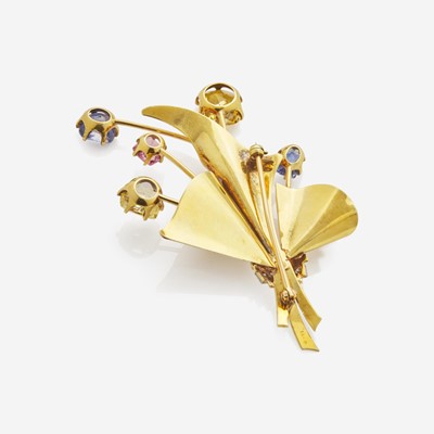 Lot 42 - A Sapphire, Diamond, Pink Spinel, and 14K Gold Brooch