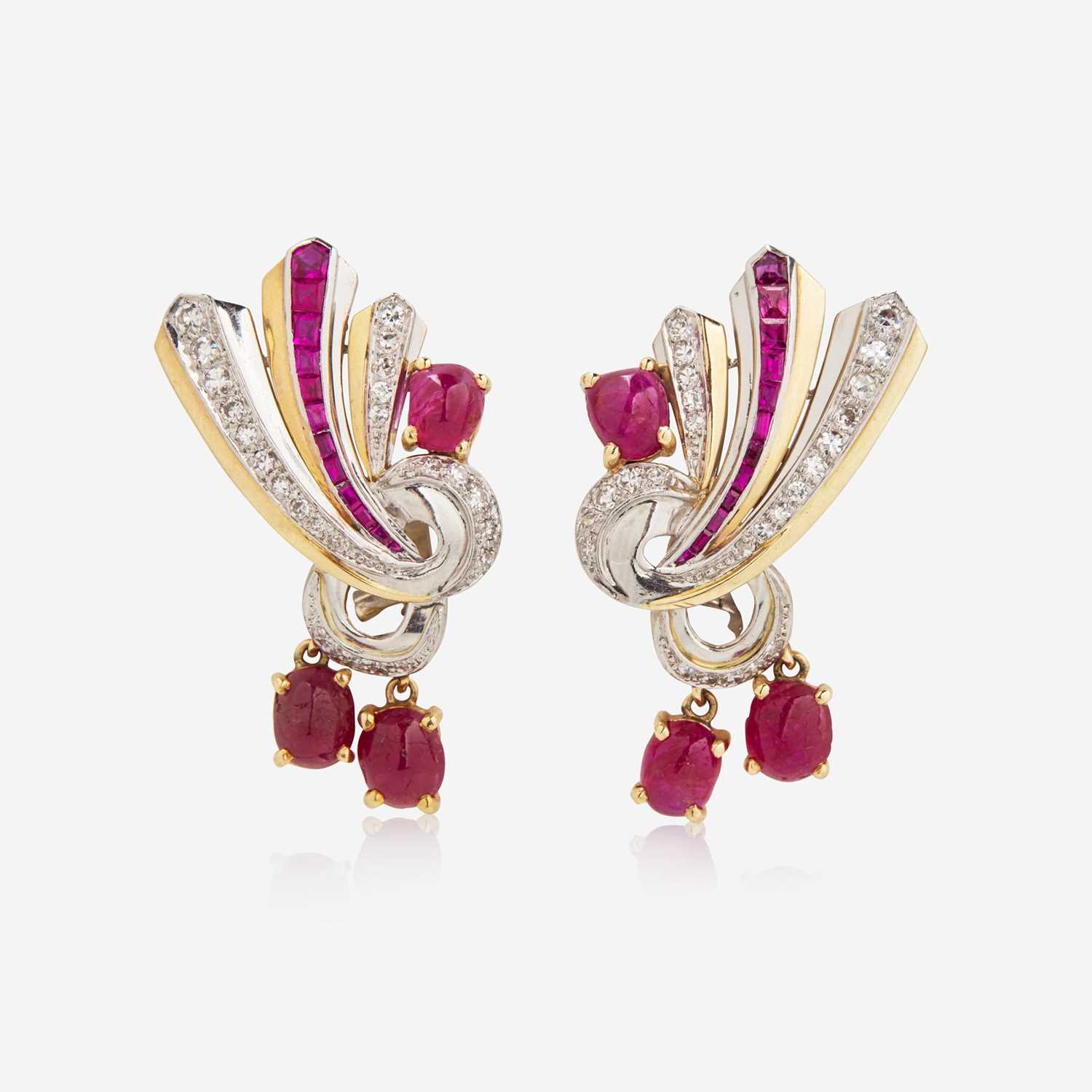 Lot 39 - A Pair of 18K Gold, Ruby, and Diamond Earrings