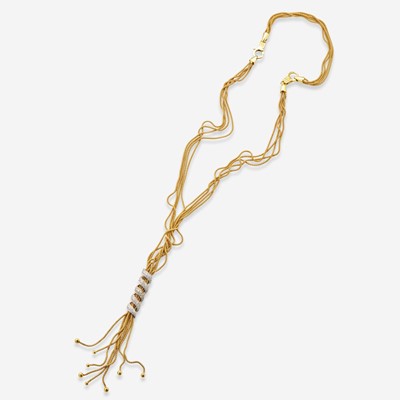Lot 173 - An 18K Yellow Gold and Diamond Tassel Necklace