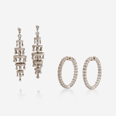 Lot 48 - Two Pairs of White Gold and Diamond Earrings