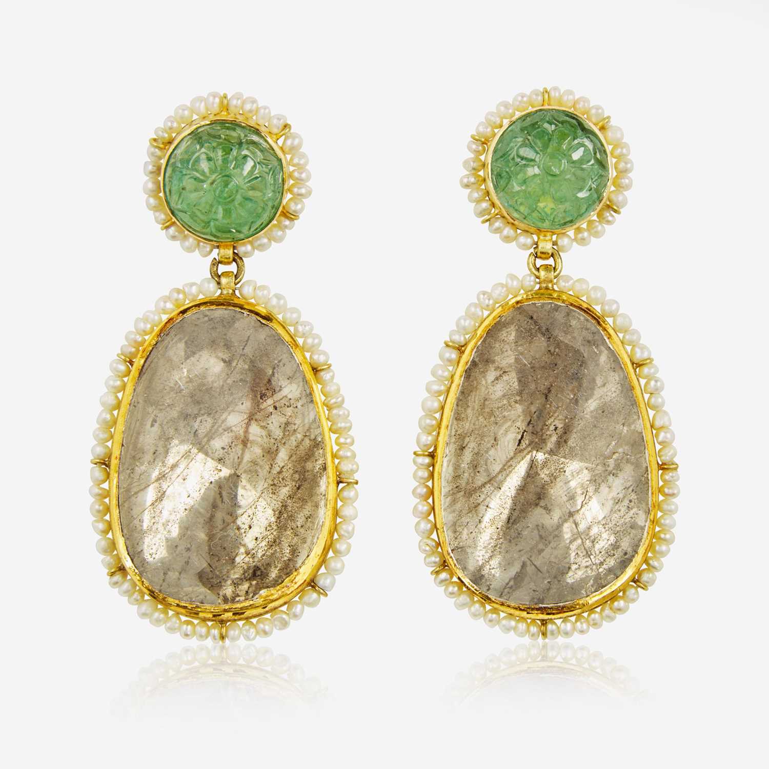 Lot 29 - A Pair of 18K Yellow Gold, Polki Diamond, Pearl, and Emerald Earrings