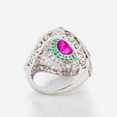 Lot 27 - An 18K White Gold, Ruby, Emerald, and Diamond Ring