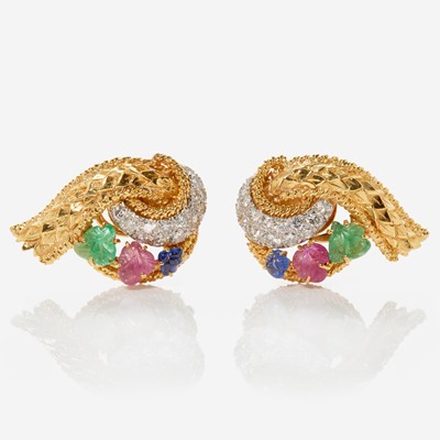 Lot 170 - A Pair of 18K Yellow Gold, Diamond, and Gemstone Earrings