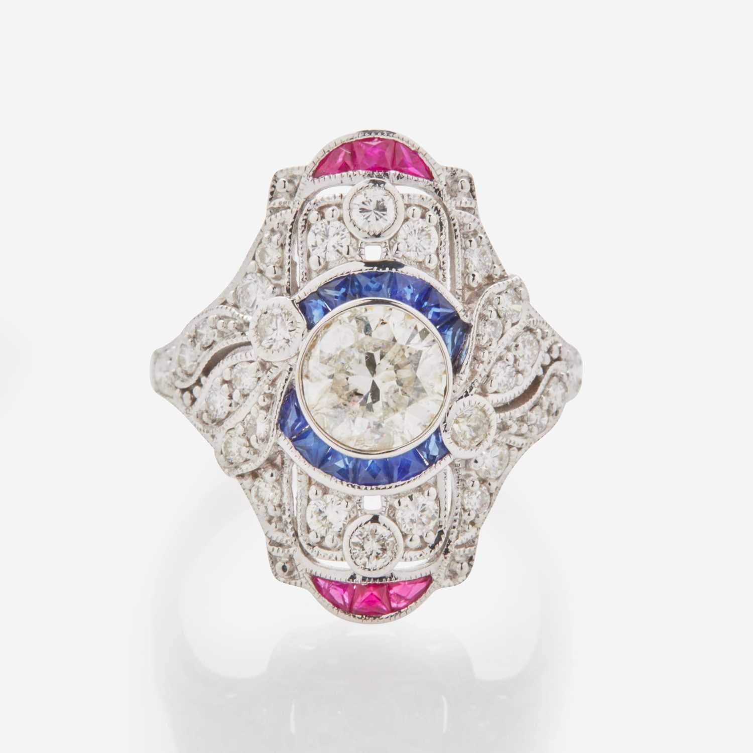 Lot 8 - A Diamond, Sapphire, Ruby and 18K White Gold Ring