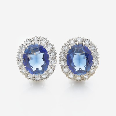 Lot 179 - A Pair of 14K Yellow Gold, Diamond, and Sapphire Earrings