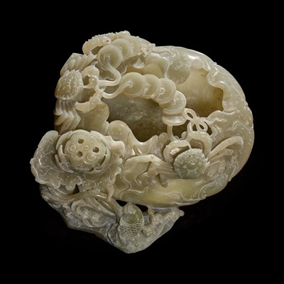 Lot 72 - A Chinese carved greyish jade "Lotus, Crab and Fish" large brush washer 灰玉荷塘大洗子