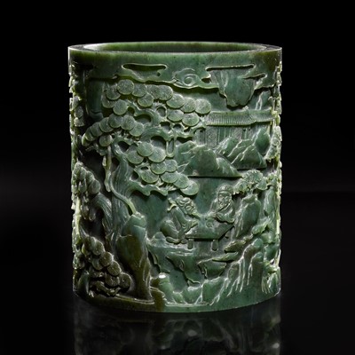 Lot 65 - A large Chinese carved spinach jade brush pot 菠菜綠玉大筆筒