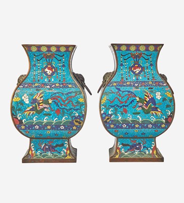 Lot 50 - A pair of Chinese cloisonné vases, Fanghu 景泰藍方壺一對