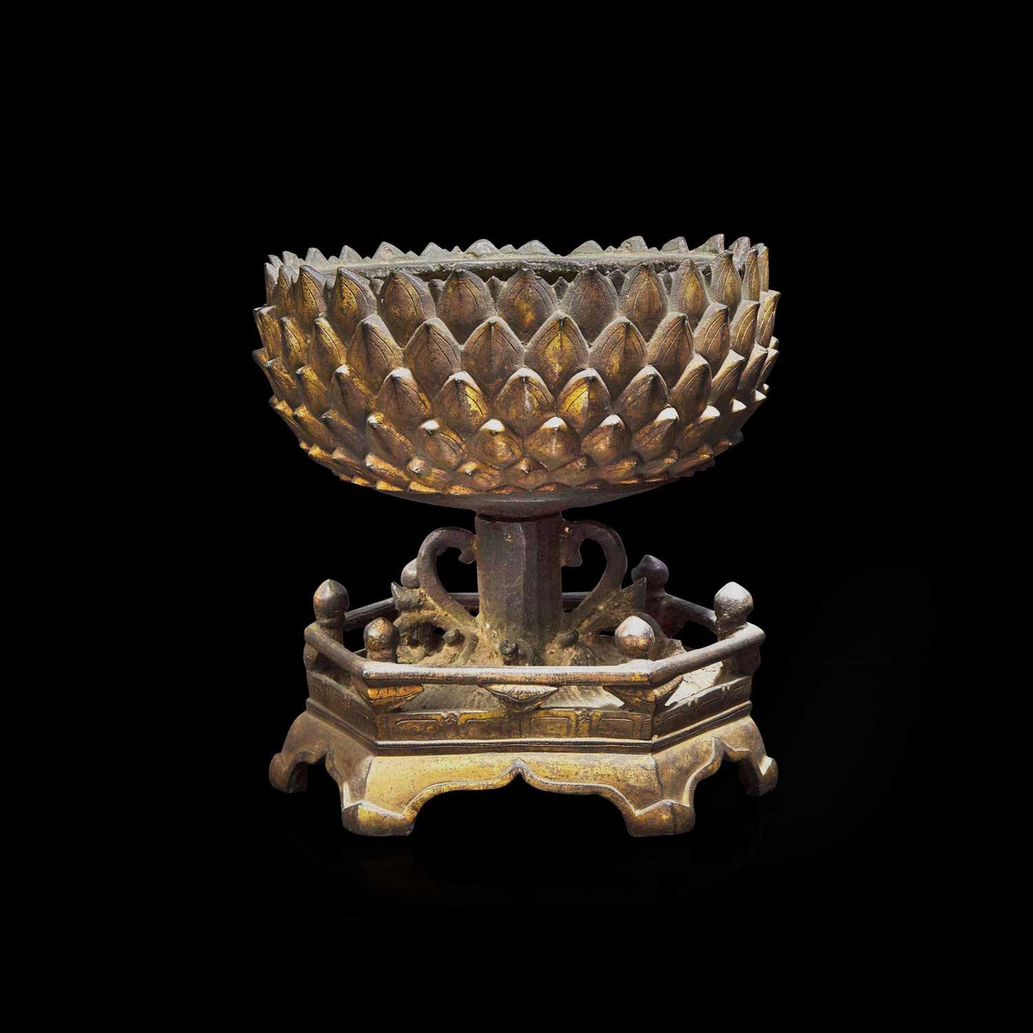 A Chinese gilt bronze lotus-form pedestal stand 銅鎏金蓮花座 Ming dynasty 明...
