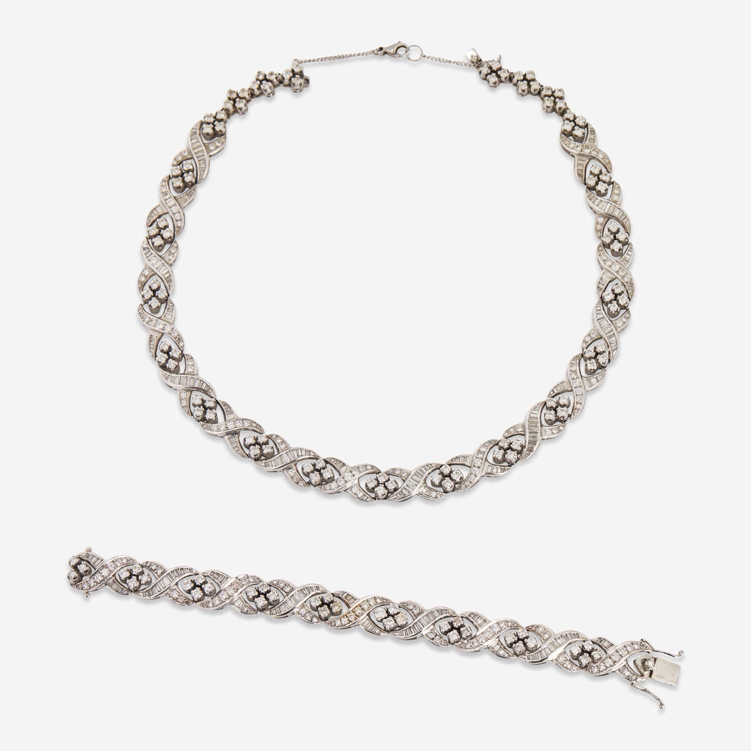 Lot 5 - A Matching Set of 14K White Gold and Diamond Necklace and Bracelet