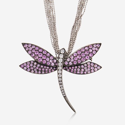 Lot 25 - A Gold, Diamond, and Pink Sapphire Dragonfly Necklace