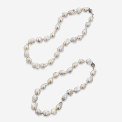 Lot 38 - A Pair of Matching 14K White Gold and Baroque Pearl Necklaces