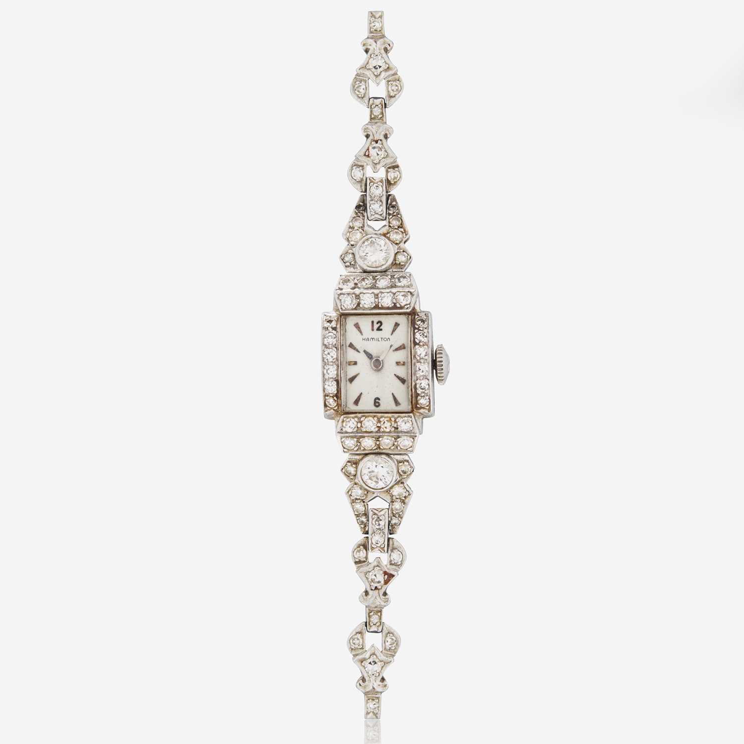 Lot 51 - A Ladies Platinum and Diamond Art Deco  Hamilton Bracelet  Watch