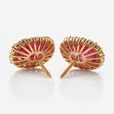 Lot 24 - A Pair of 18K Gold, Ruby, and Diamond Earrings