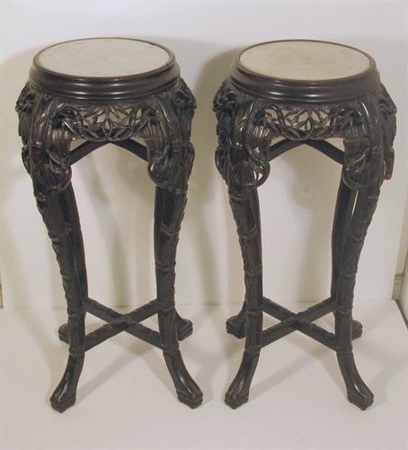 Lot 101 - Pair of Chinese wood and marble flower stands