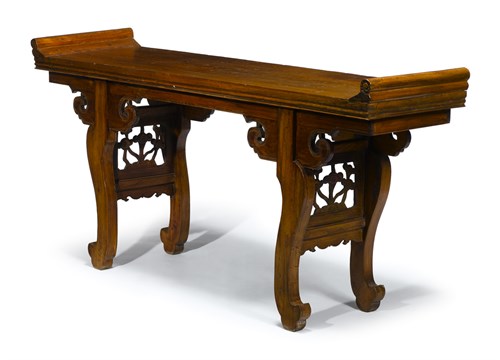 Lot 135 - Chinese yumu recessed leg side table and pair of carved nanmu and caned simulated bamboo stools