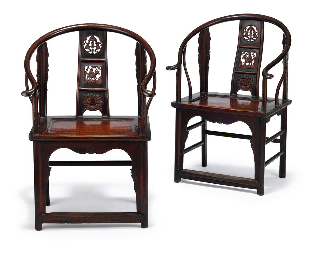 Lot 132 - Pair of Chinese carved and brown lacquered softwood horseshoe chairs