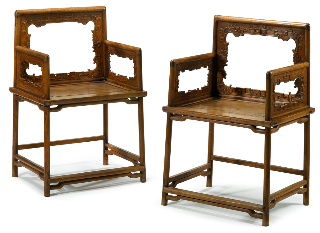 Lot 74 - Pair of Chinese carved huanghuali square back chairs
