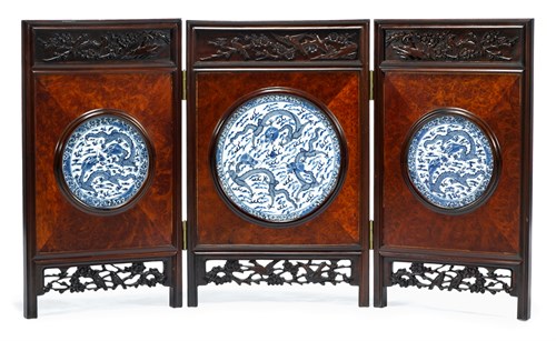 Lot 163 - Chinese hardwood, burl and porcelain insert table screen