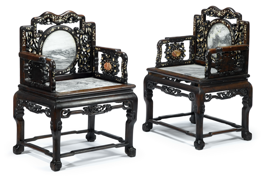 Lot 127 - Good pair of Chinese marble and soapstone insert, mother-of-pearl hongmu armchairs