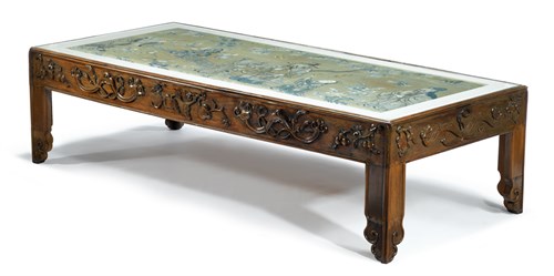 Lot 76 - Chinese huanghuali and tapestry insert low table