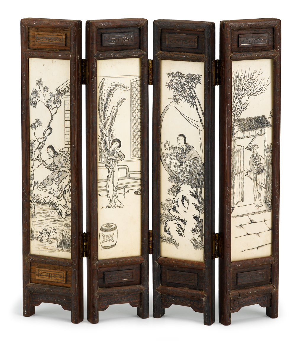 Lot 185 - Chinese elephant ivory and hardwood four panel table screen