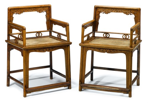 Lot 83 - Pair of Chinese huanghuali hall chairs