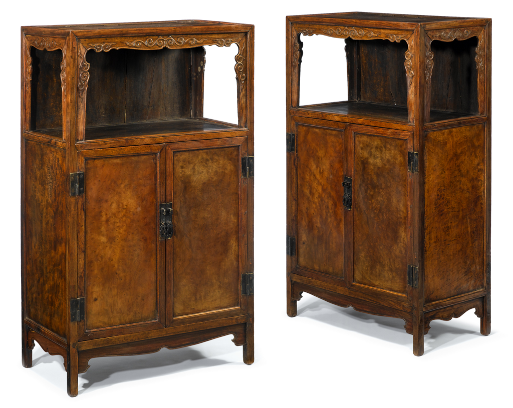 Lot 82 - Pair of Chinese huanghuali and burlwood insert low cabinets