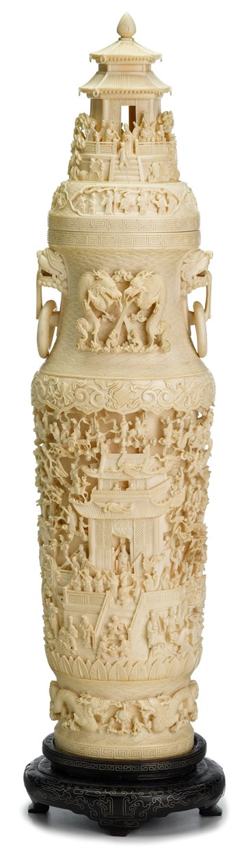 Lot 179 - Large and Impressive Chinese carved elephant ivory covered vase