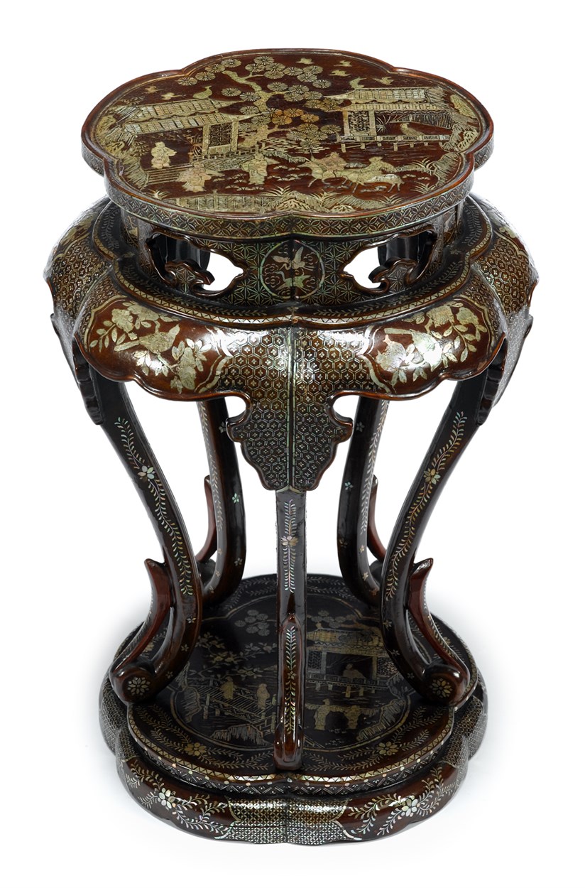 Lot 86 - Fine Chinese mother-of-pearl and brown dry lacquer incense stand