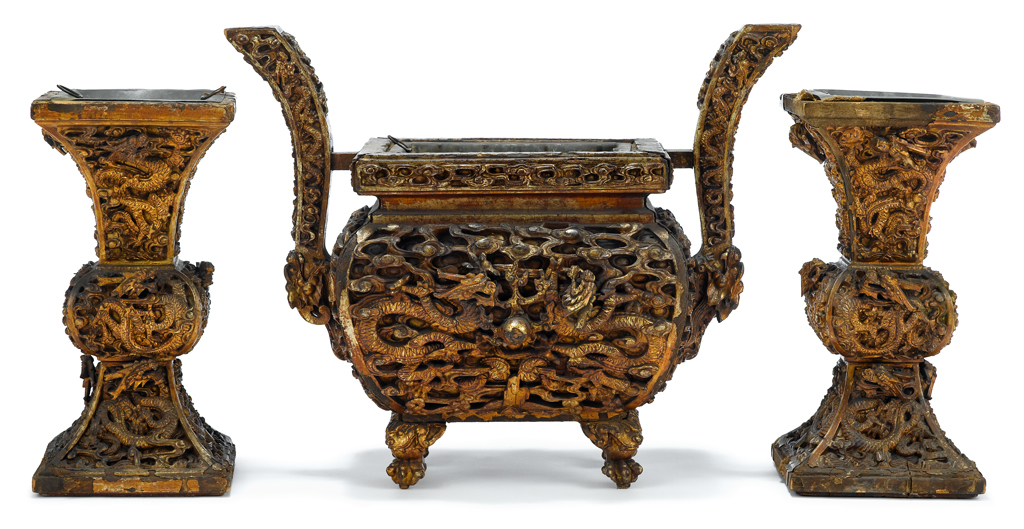 Lot 88 - Important Chinese Imperial carved giltwood three piece altar garniture