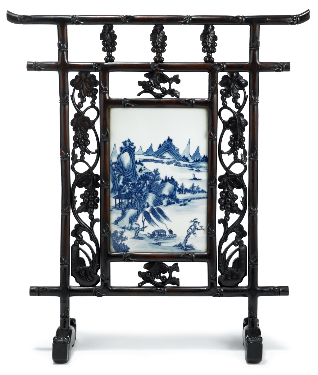Lot 161 - Chinese blue and white porcelain and hardwood framed floor screen