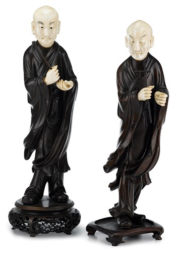 Lot 176 - Tall pair of Chinese carved hardwood and ivory mounted immortal figures