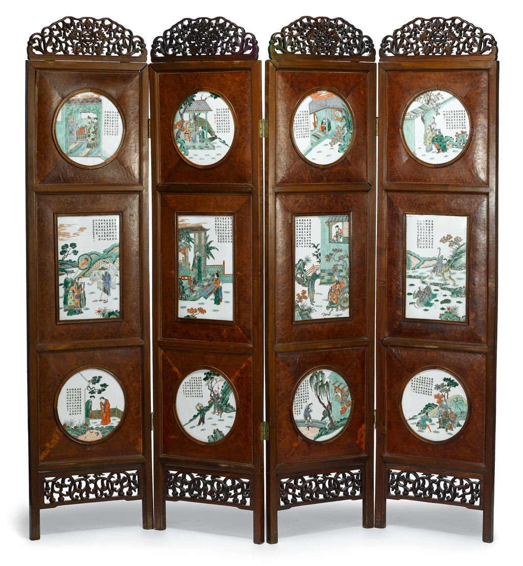 Lot 160 - Impressive Chinese hardwood and famille rose porcelain insert four panel floor screen