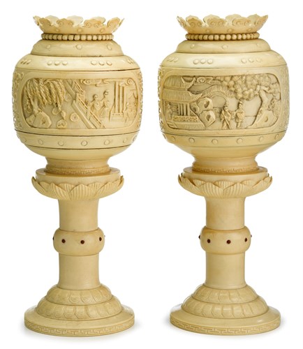 Lot 245 - Unusual pair of Chinese carved elephant ivory lanterns