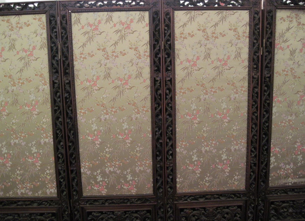 Lot 162 - Chinese carved rosewood and embroidery four panel floor screen