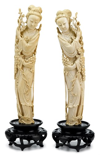 Lot 190 - Tall pair of Chinese carved elephant ivory beauties