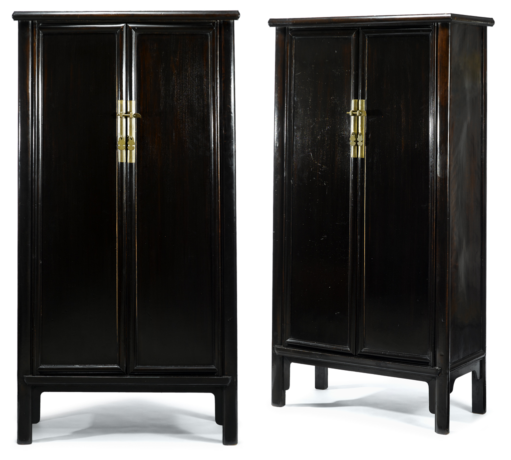 Lot 98 - Pair of Chinese lacquered wood tapering kang cabinets