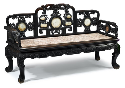 Lot 109 - Large Chinese hongmu and marble insert bench